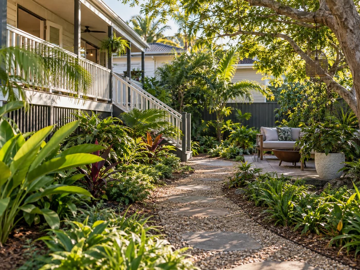 Illustrative established Brisbane garden with a shaded verandah