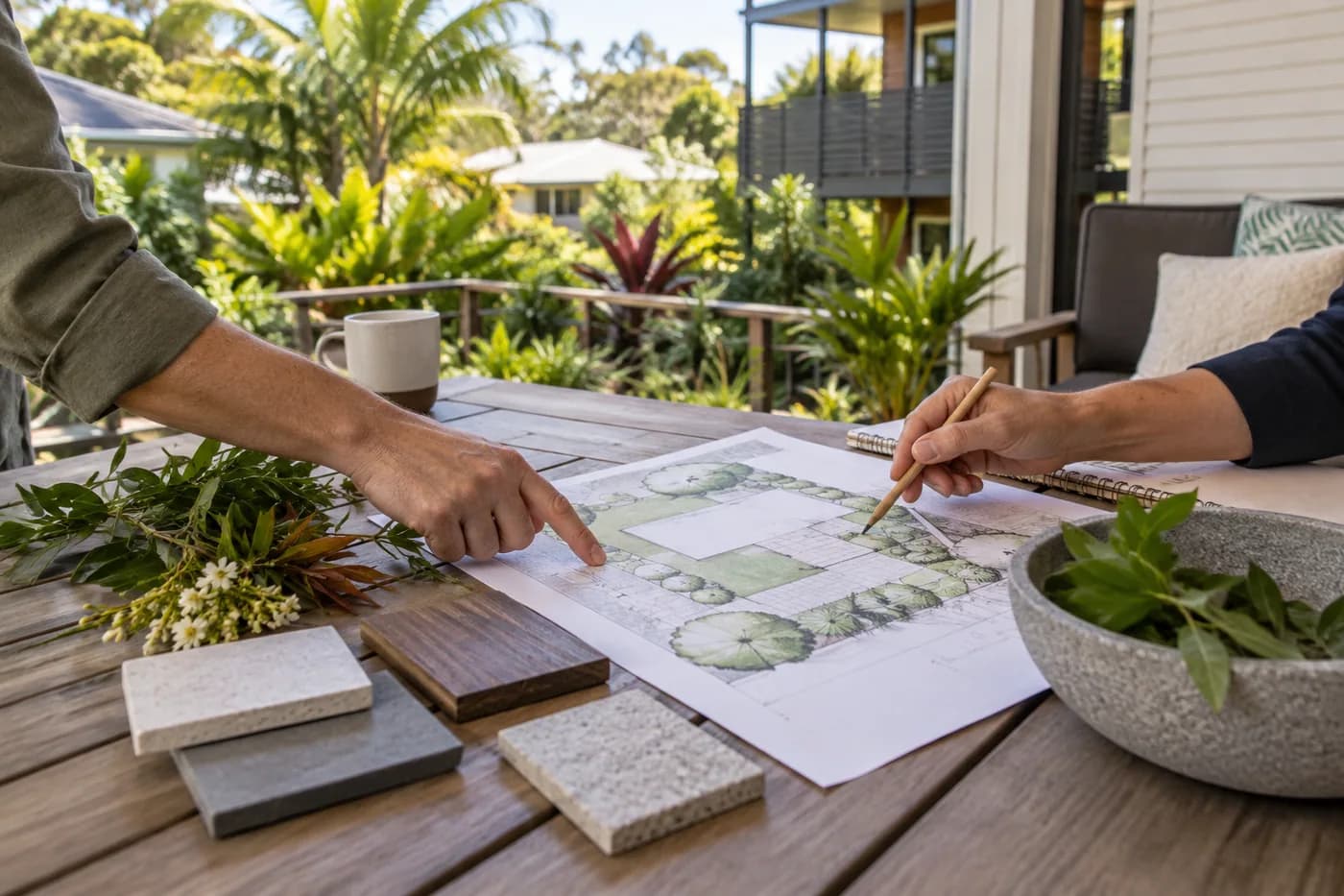 Illustrative landscape planning and materials for a Brisbane garden