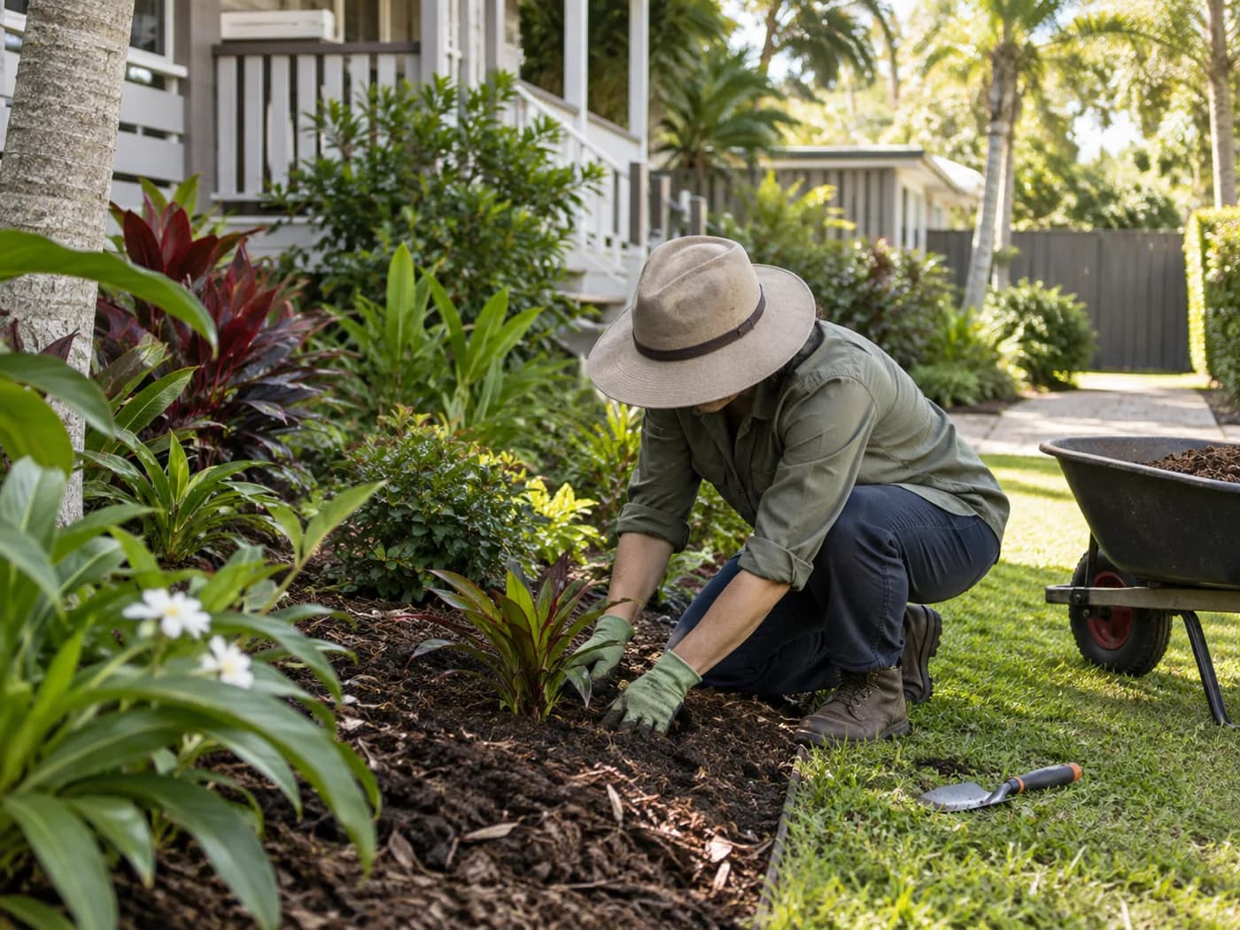 Illustrative gardener maintaining a Brisbane garden bed